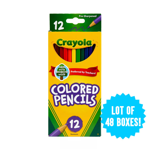 Crayola 48 Pack Bright Bold Colored Pencils, 12 assorted colors per box—ideal for art supplies—with a blue Lot of 48 boxes! label on the right.